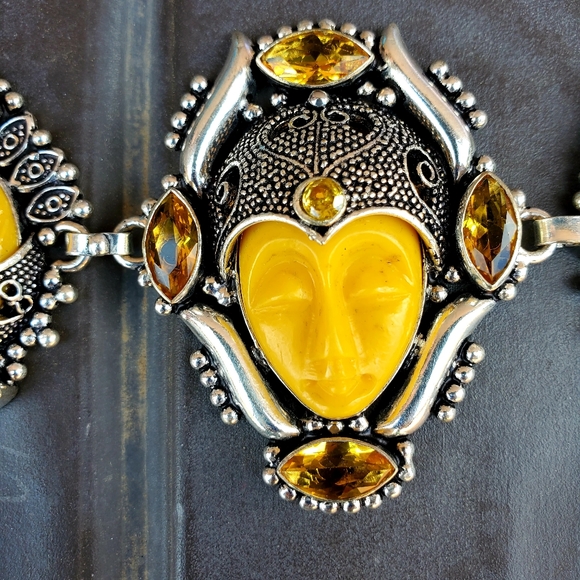 New Carved Yellow 3 Goddess Face Citrine 925 Silver Bracelet. - Picture 13 of 16